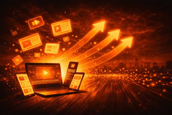 Glowing arrows rising from a laptop, tablet and phones showing videos and emails
