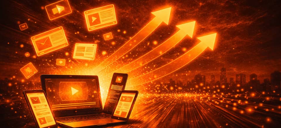 Glowing arrows rising from a laptop, tablet and phones showing videos and emails